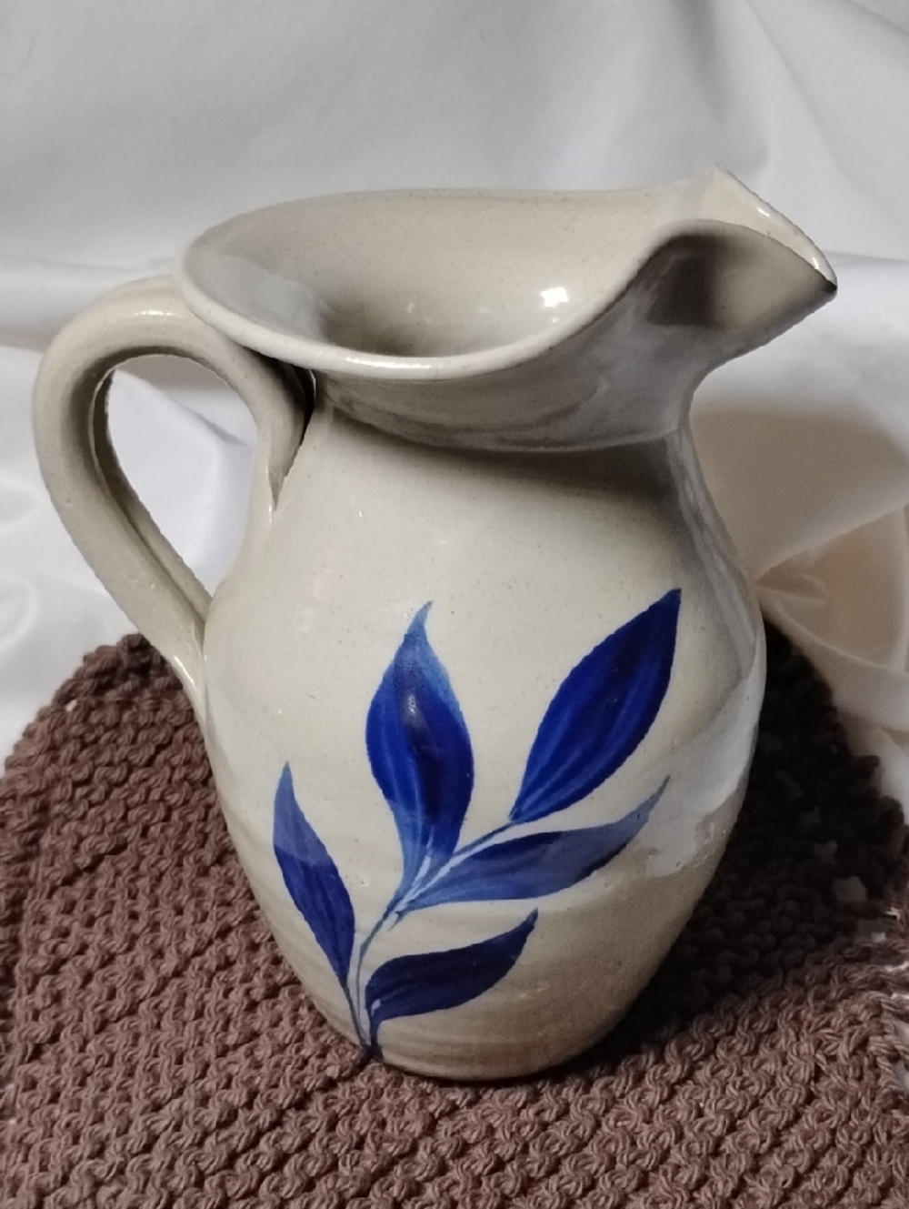 Williamsburg Salt Glazed Pottery Pitcher 6" Blue Leaf